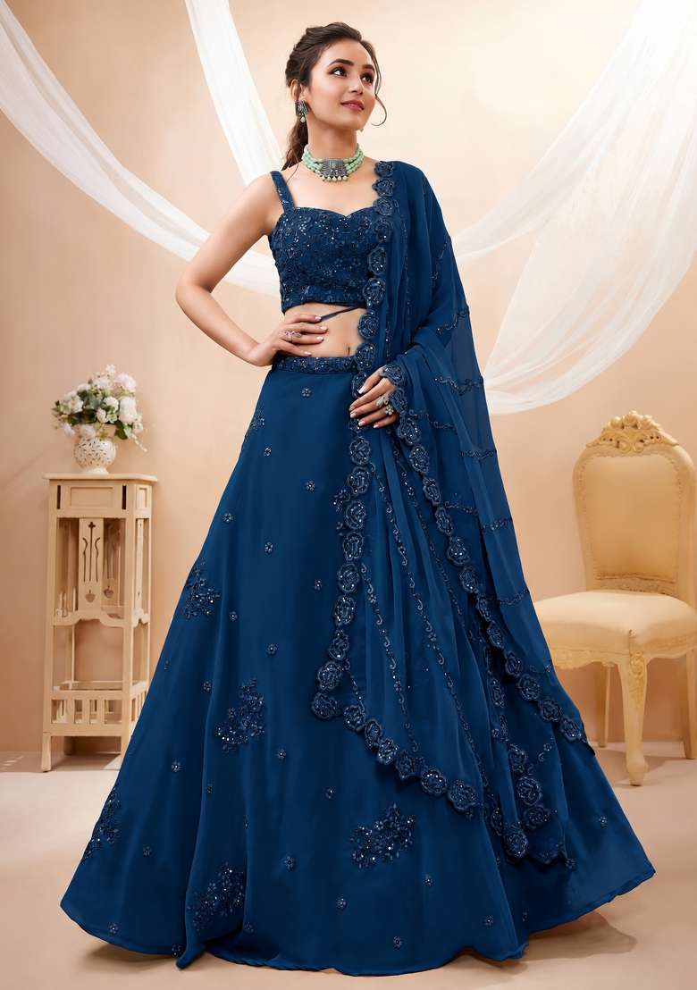 Midnight Blue Embroidery Georgette Lehenga Set - Indya