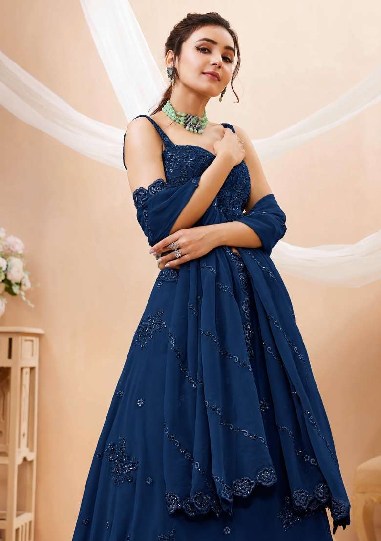 Midnight Blue Embroidery Georgette Lehenga Set - Indya
