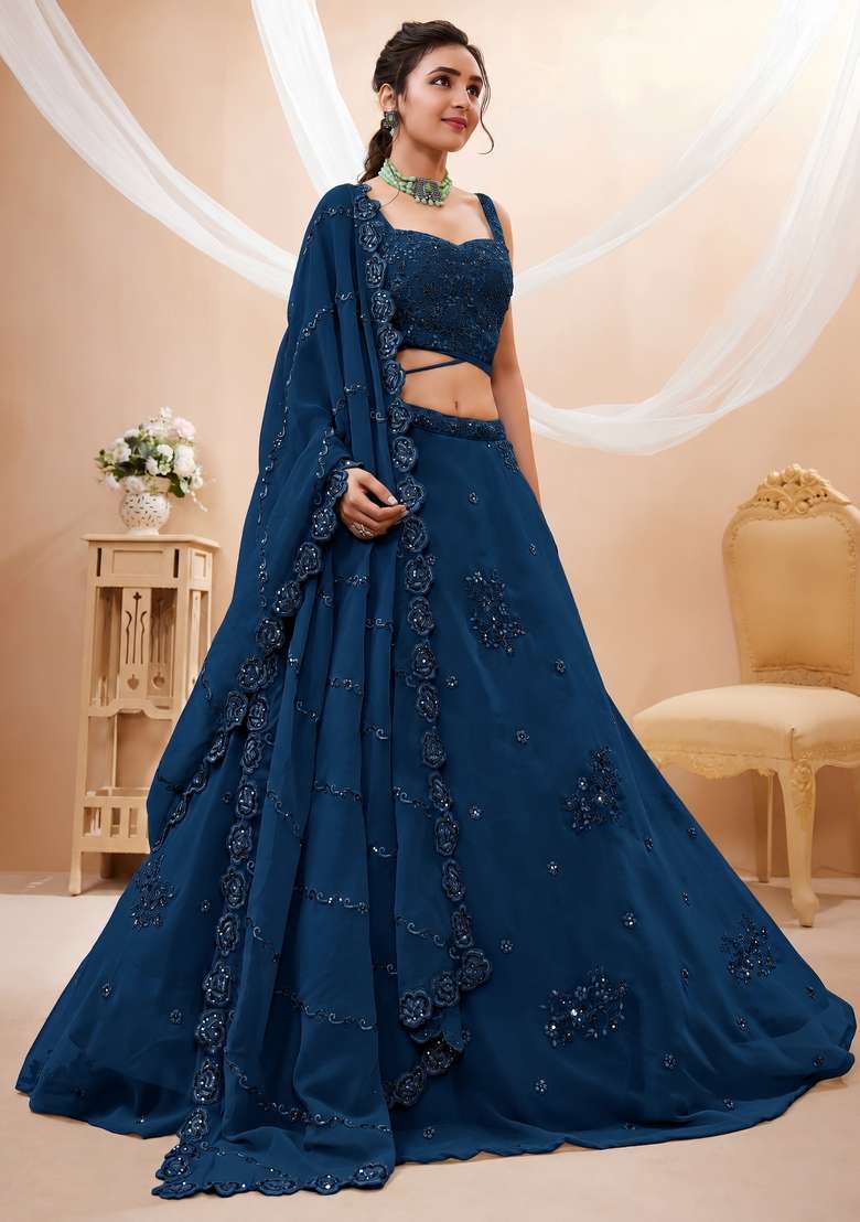 Midnight Blue Embroidery Georgette Lehenga Set - Indya
