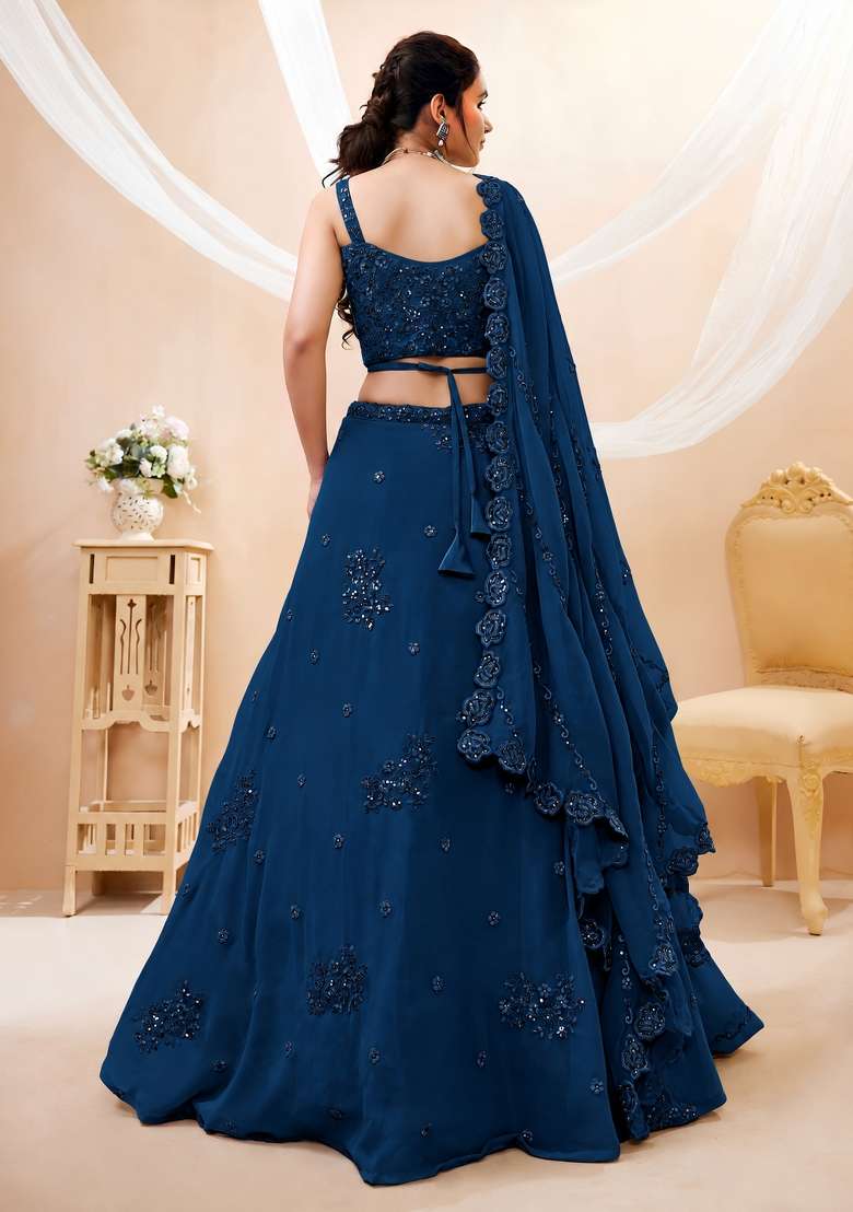 Midnight Blue Embroidery Georgette Lehenga Set - Indya