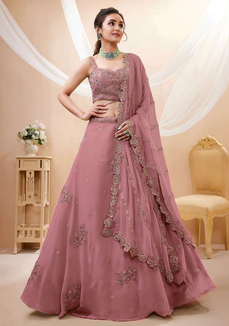 Dusty Rose Embroidery Georgette Lehenga Set - Indya