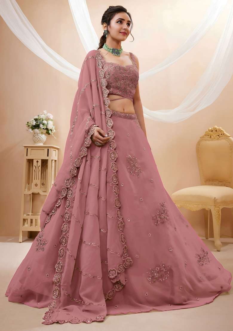 Dusty Rose Embroidery Georgette Lehenga Set - Indya