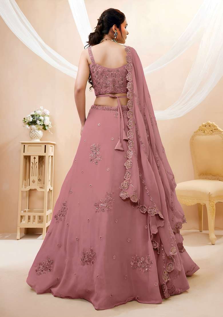 Dusty Rose Embroidery Georgette Lehenga Set - Indya