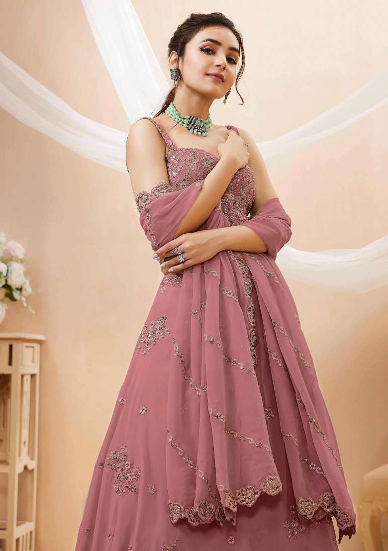 Dusty Rose Embroidery Georgette Lehenga Set - Indya