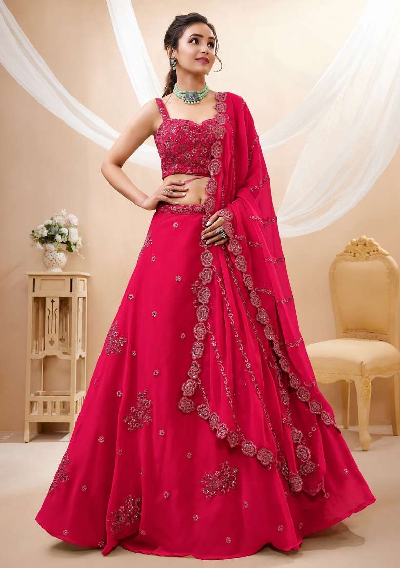 Raspberry Pink Embroidery Georgette Lehenga Set - Indya