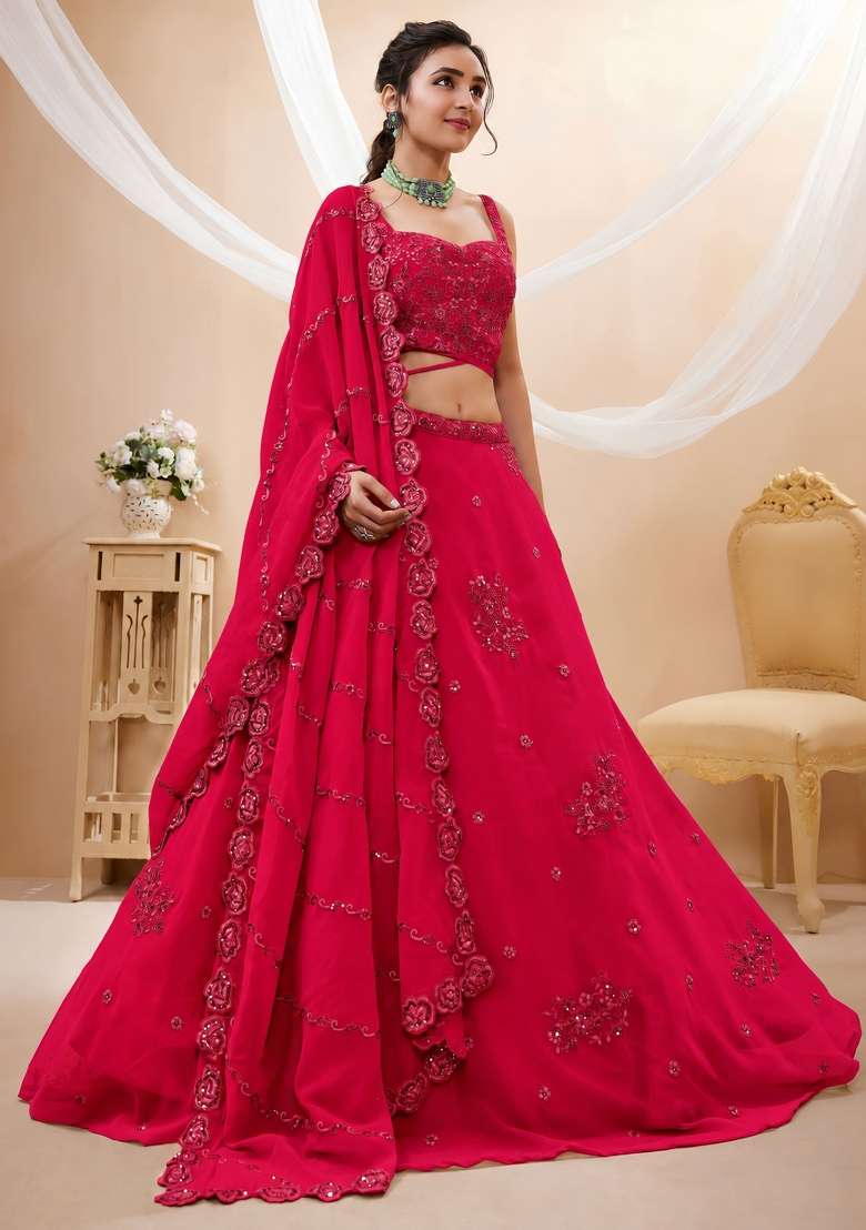 Raspberry Pink Embroidery Georgette Lehenga Set - Indya