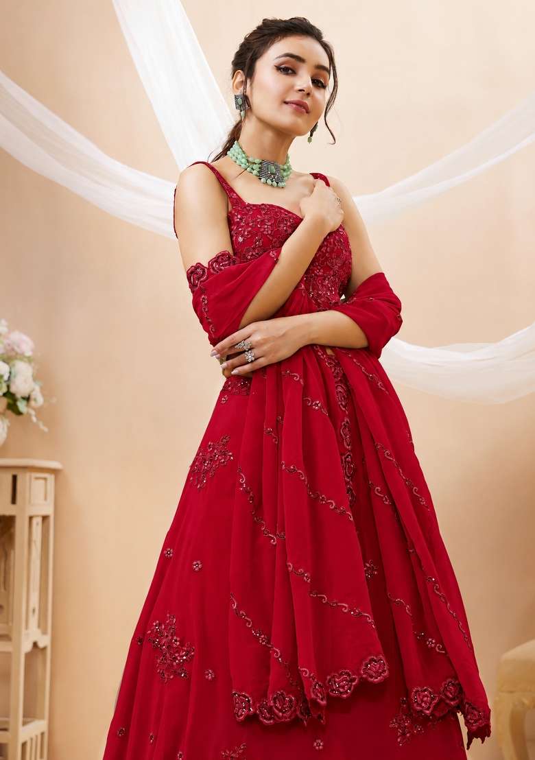 Raspberry Pink Embroidery Georgette Lehenga Set - Indya
