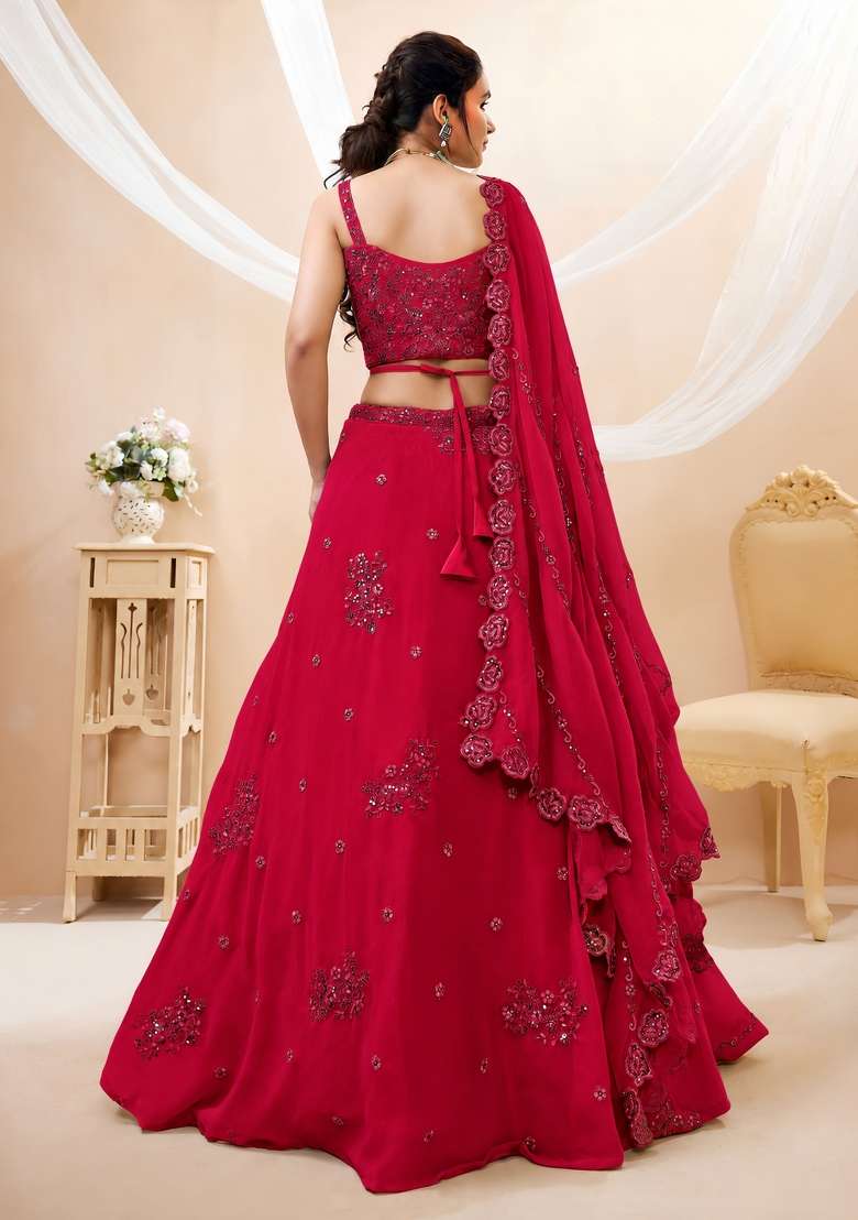 Raspberry Pink Embroidery Georgette Lehenga Set - Indya
