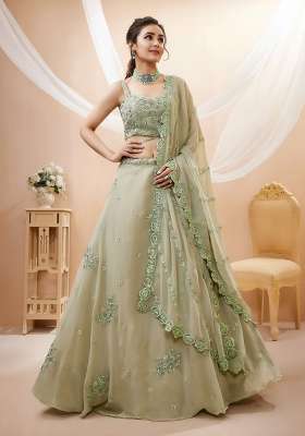 Pista Green Embroidery Georgette Lehenga Set