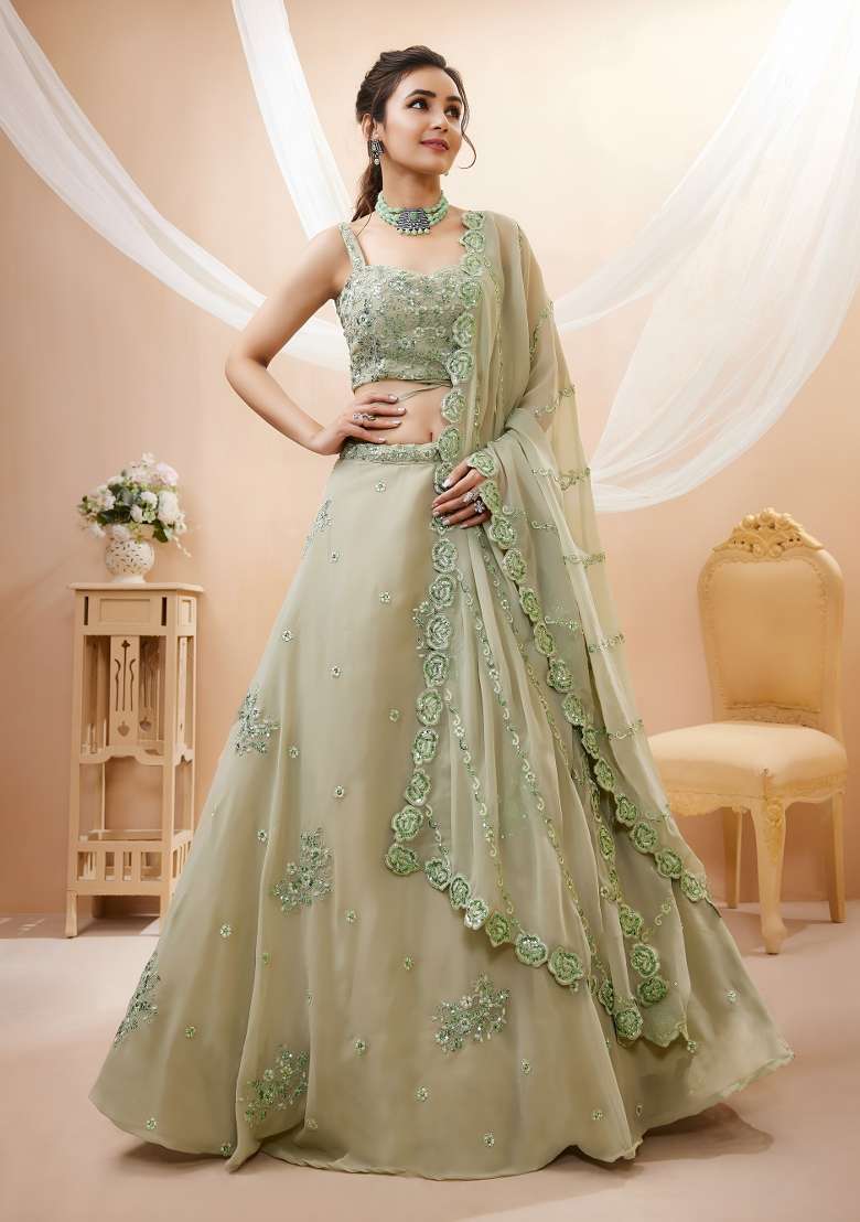 Pista Green Embroidery Georgette Lehenga Set - Indya