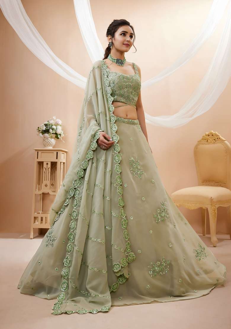 Pista Green Embroidery Georgette Lehenga Set - Indya