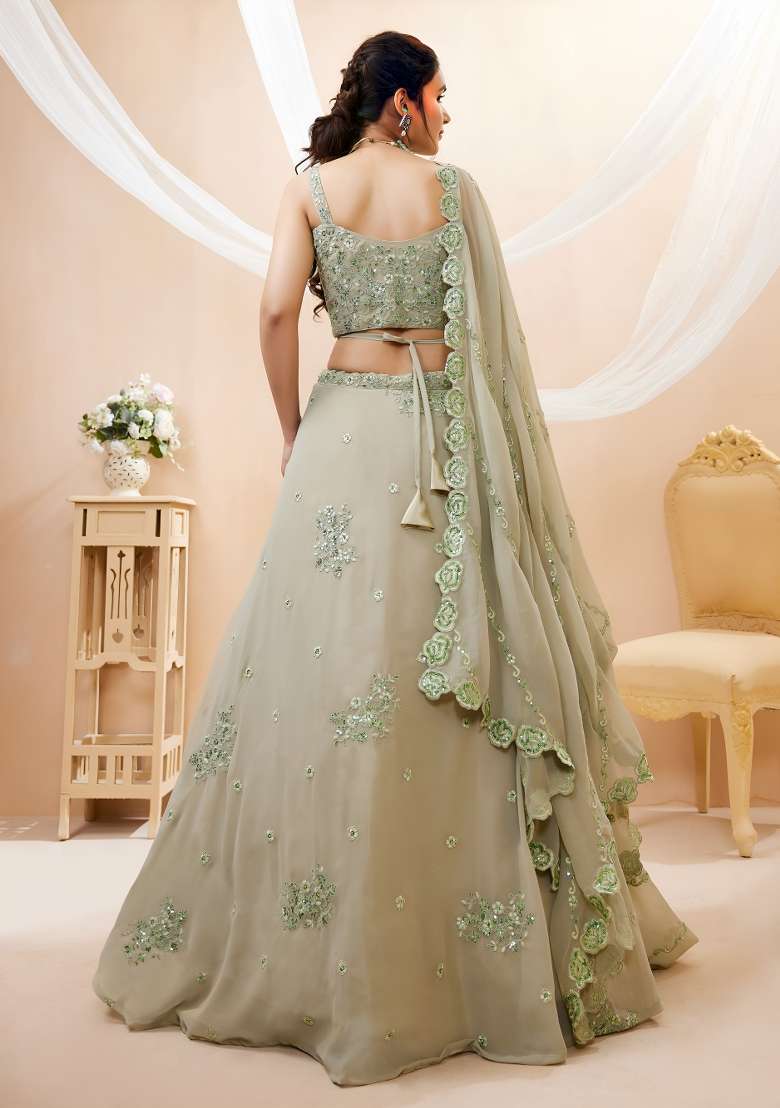 Pista Green Embroidery Georgette Lehenga Set - Indya