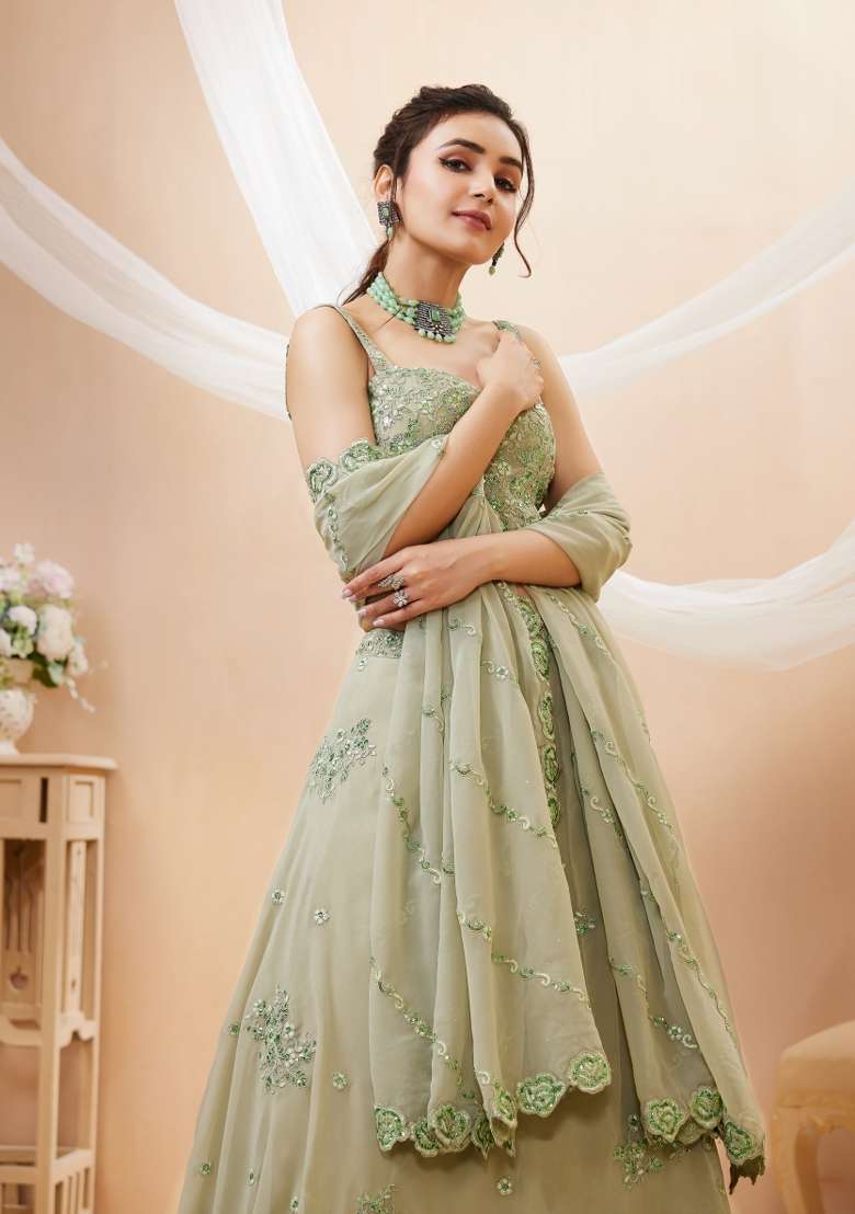 Pista Green Embroidery Georgette Lehenga Set - Indya