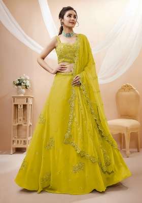 Lime Yellow Embroidery Georgette Lehenga Set