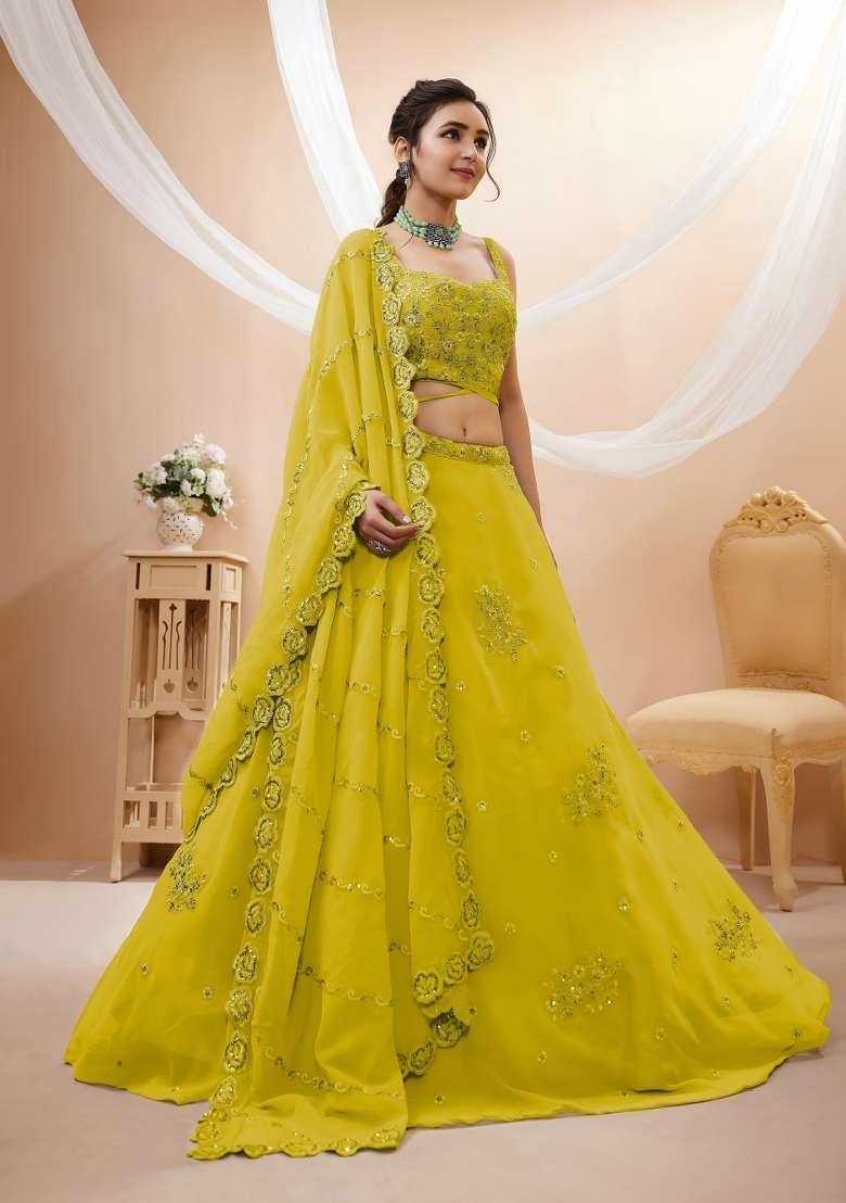 Lime Yellow Embroidery Georgette Lehenga Set - Indya
