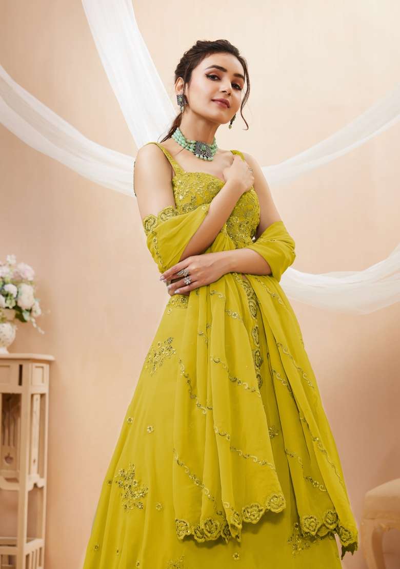 Lime Yellow Embroidery Georgette Lehenga Set - Indya