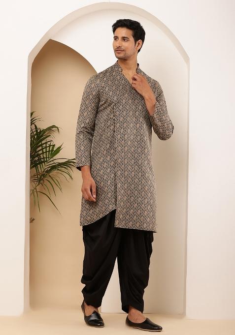 Grey And Black Machine Embroidered Viscose Rayon Dhoti For Men