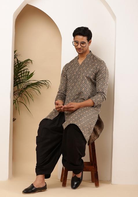 Grey And Black Machine Embroidered Viscose Rayon Dhoti For Men