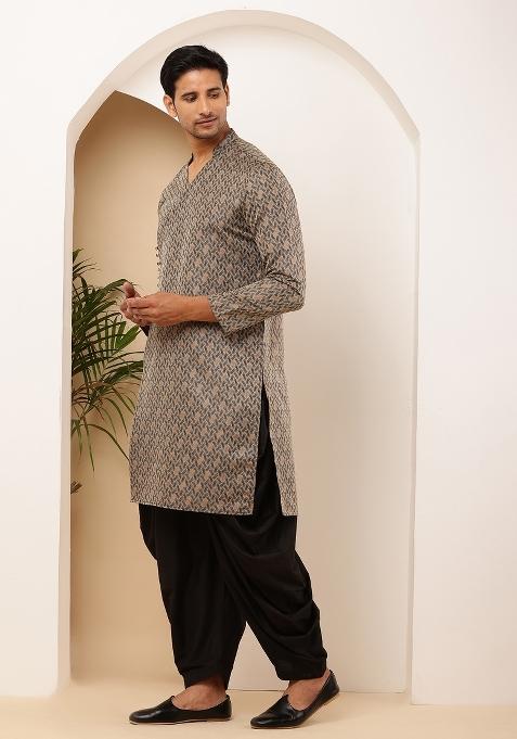 Grey And Black Machine Embroidered Viscose Rayon Dhoti For Men