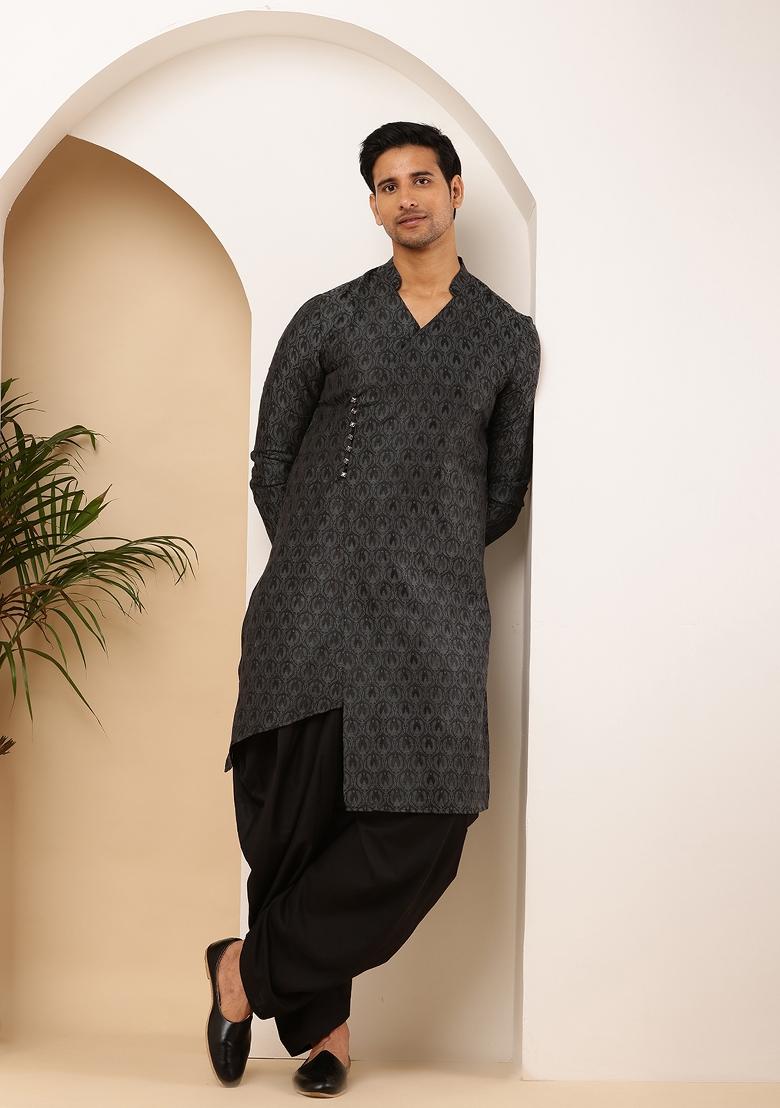 Black Machine Embroidered Viscose Rayon Dhoti For Men