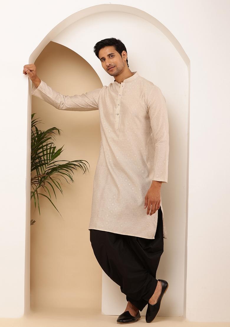 Beige And Black Machine Embroidered Viscose Rayon Dhoti For Men