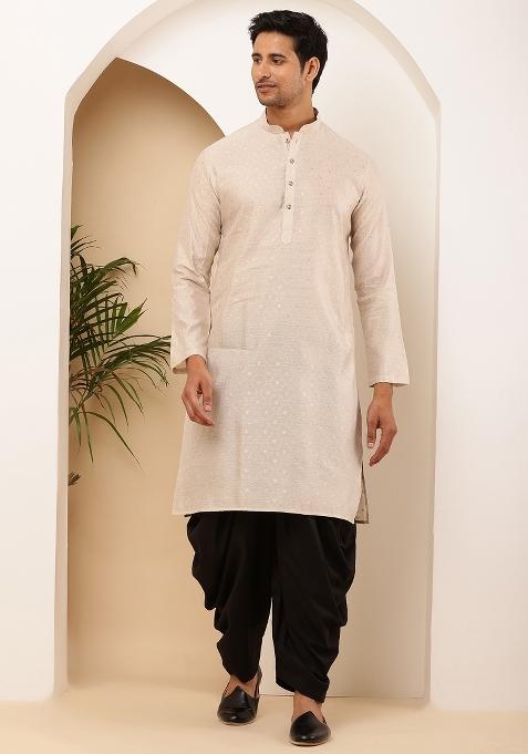 Beige And Black Machine Embroidered Viscose Rayon Dhoti For Men