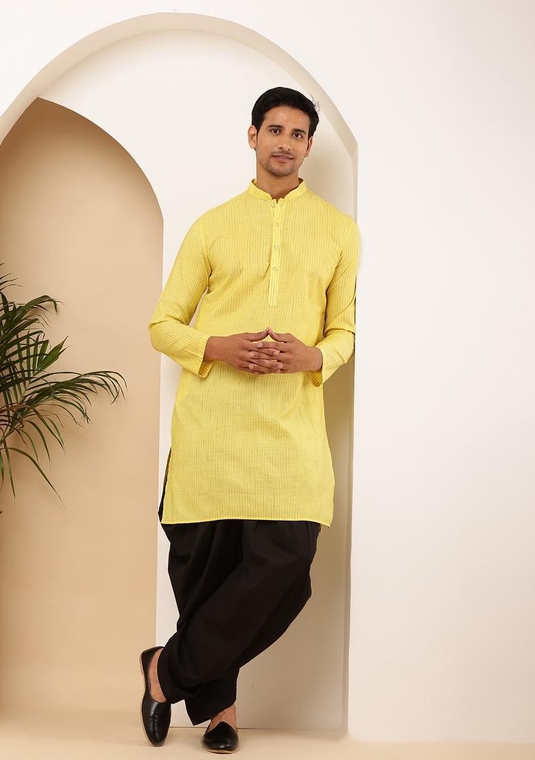 Yellow And Black Machine Embroidered Viscose Rayon Dhoti For Men