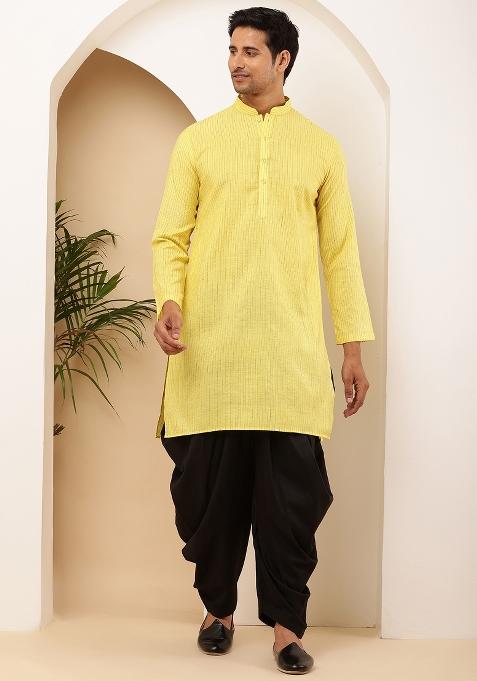 Yellow And Black Machine Embroidered Viscose Rayon Dhoti For Men