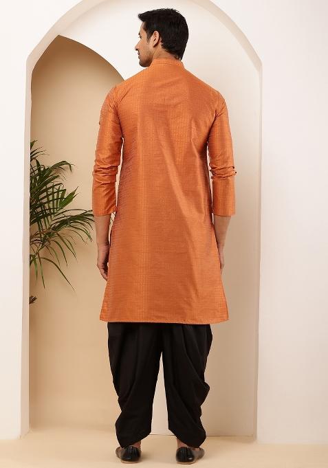 Rust Orange Machine Embroidered Viscose Rayon Dhoti For Men