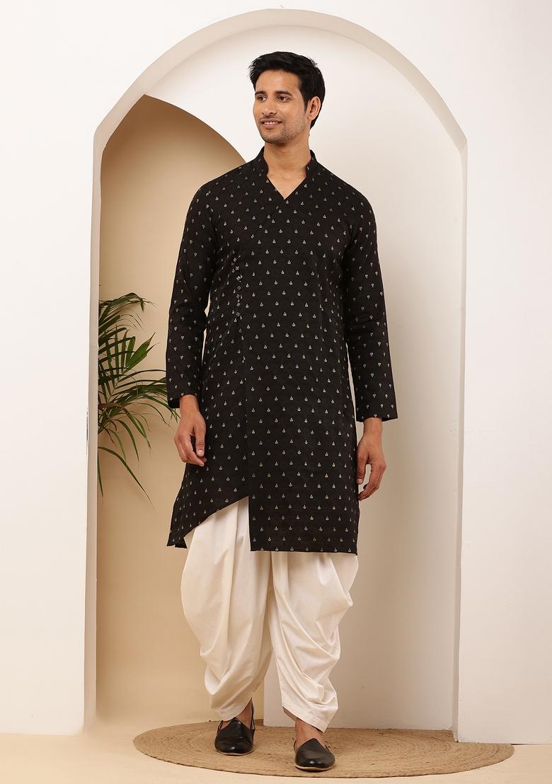 Black And White Machine Embroidered Viscose Rayon Dhoti For Men