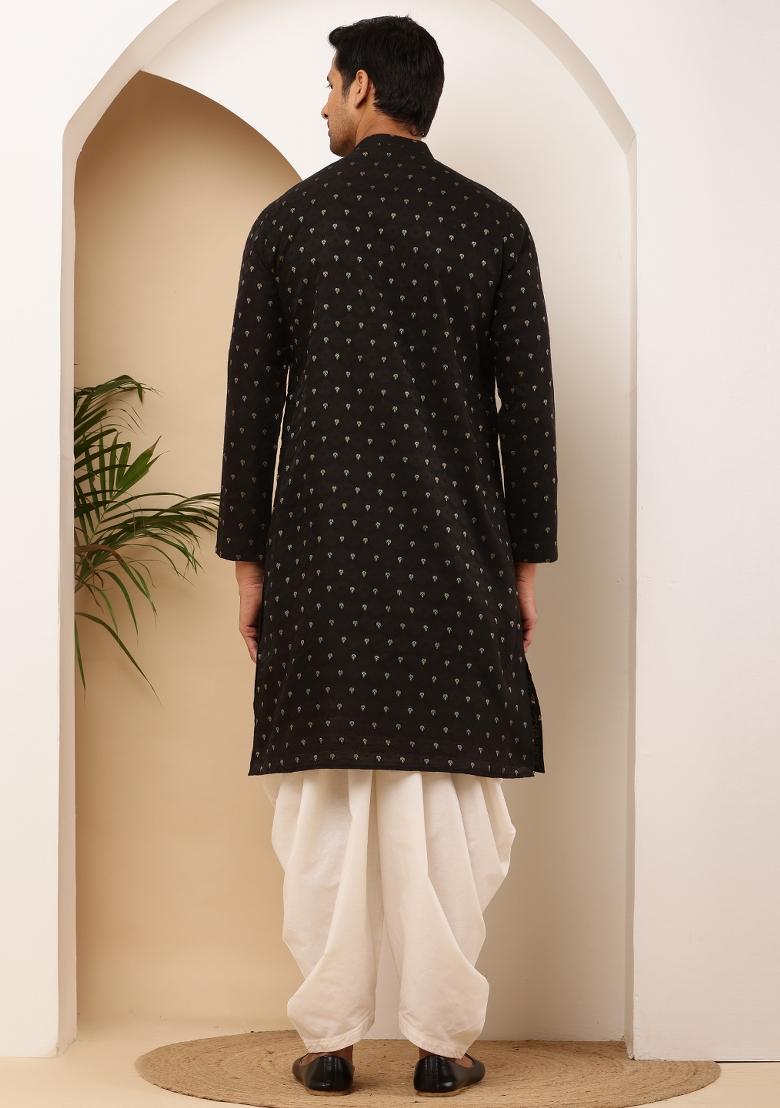 Black And White Machine Embroidered Viscose Rayon Dhoti For Men