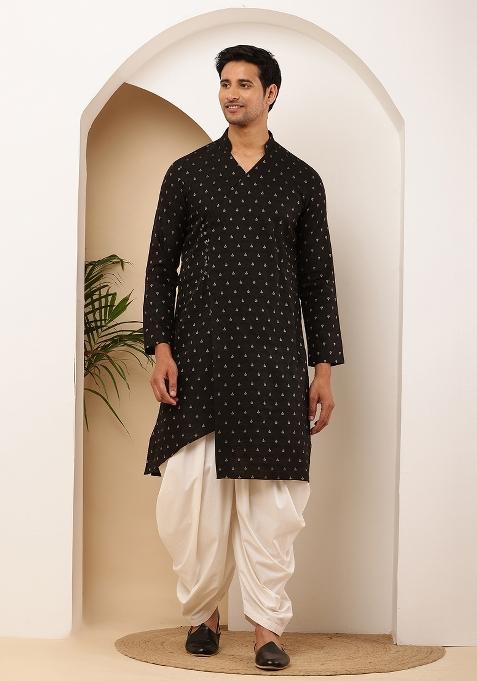 Black And White Machine Embroidered Viscose Rayon Dhoti For Men