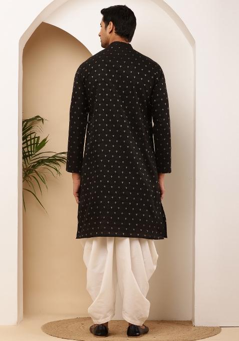 Black And White Machine Embroidered Viscose Rayon Dhoti For Men
