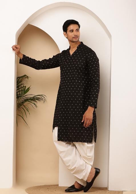 Black And White Machine Embroidered Viscose Rayon Dhoti For Men