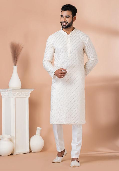 White Sequin Embroidered Georgette Viscose Kurta Set For Men