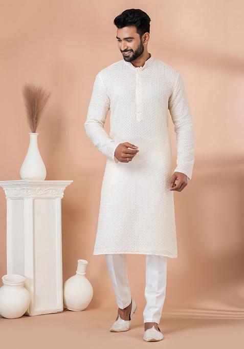 White Sequin Embroidered Viscose Georgette Kurta Set For Men