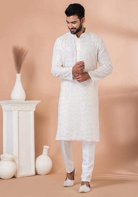 White Sequin Embroidered Georgette Kurta Set For Men