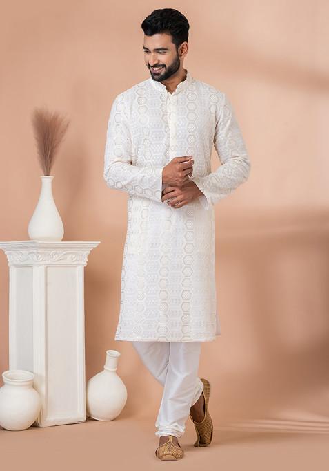 White Sequin Embroidered Viscose Kurta Set For Men