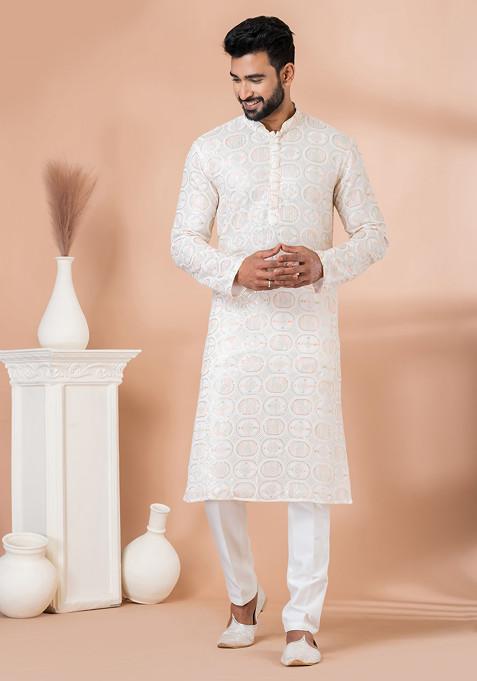 White Embroidered Georgette Viscose Kurta Set For Men