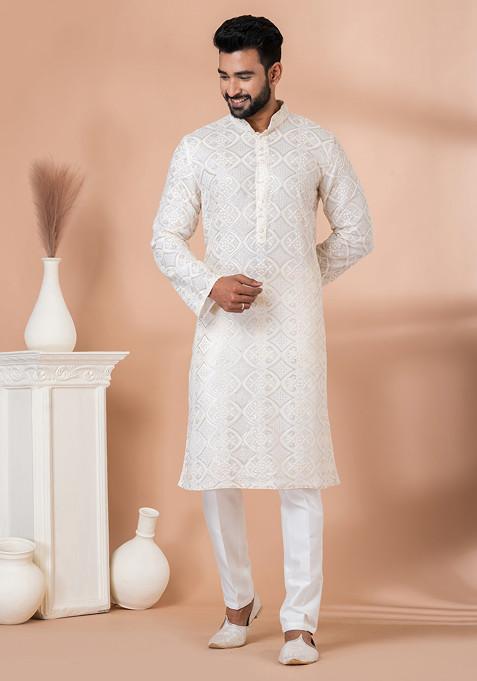 White Embroidered Georgette Kurta Set For Men