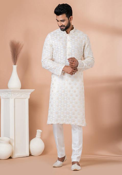 White Embroidered Viscose Georgette Kurta Set For Men