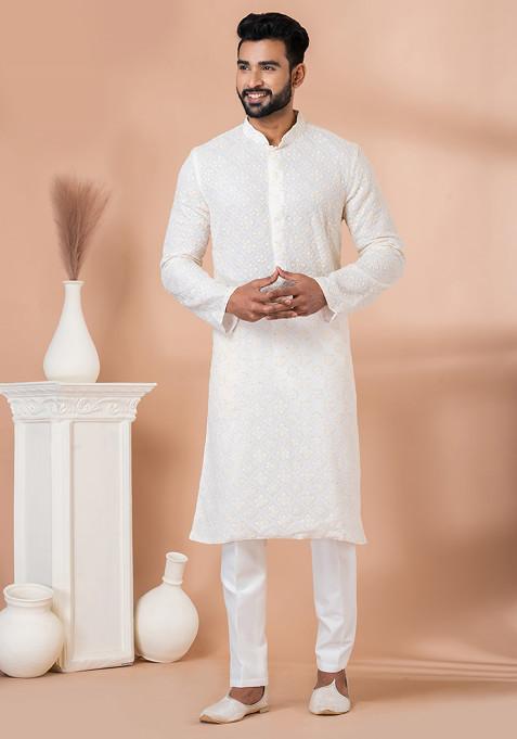 White Embroidered Viscose Kurta Set For Men