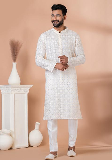 White Timeless Sequin Embroidered Georgette Kurta Set For Men