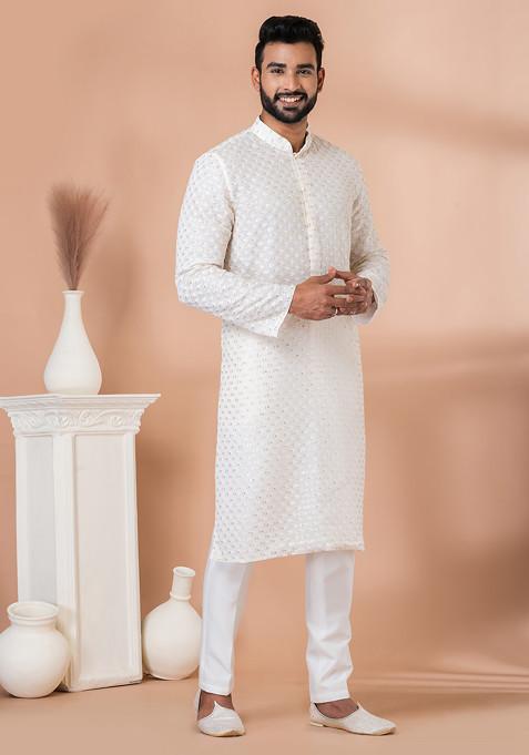 White Elegant Sequin Embroidered Georgette Kurta Set For Men