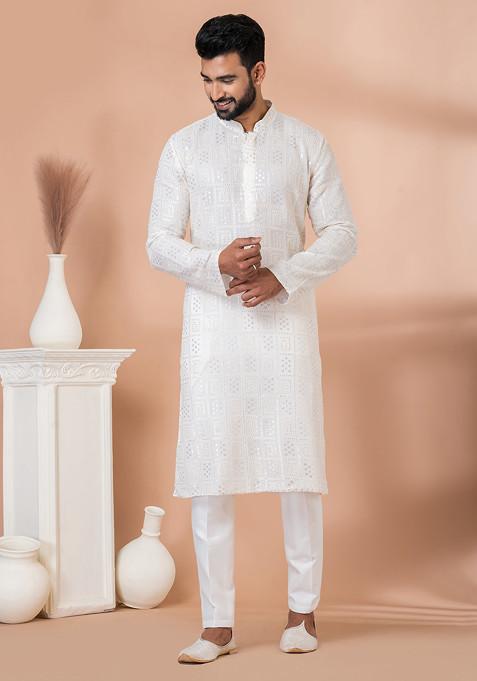 White Minimalist Sequin Embroidered Georgette Kurta Set For Men