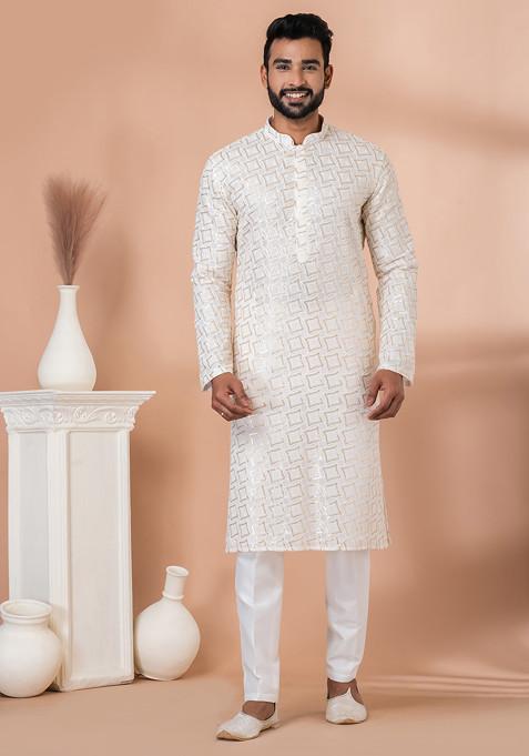 White Statement Sequin Embroidered Georgette Kurta Set For Men