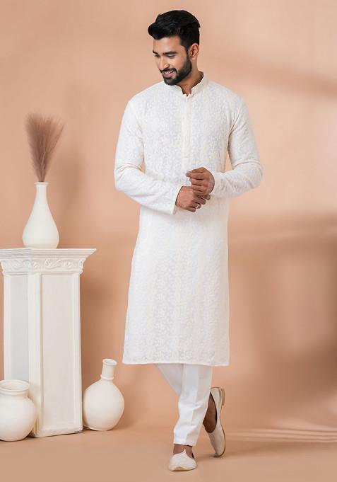 White Snowy Sequin Embroidered Georgette Kurta Set For Men