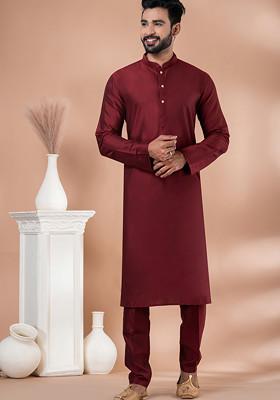 Maroon Solid Georgette Kurta Set For Men