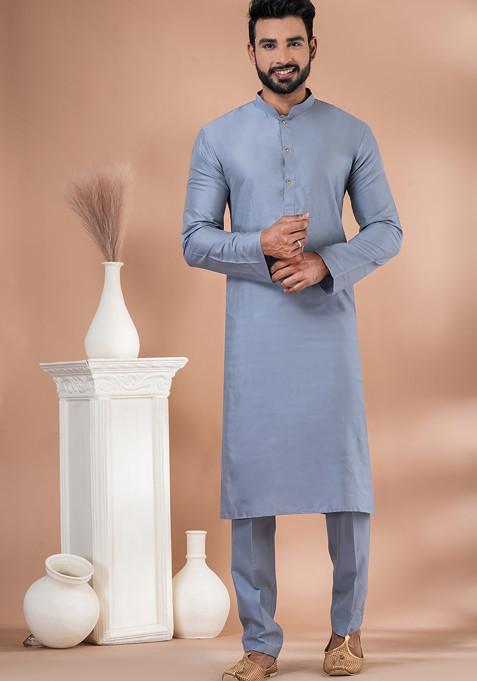 Grey Solid Georgette Kurta Set For Men