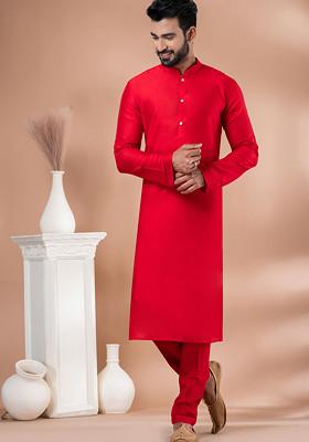 Red Solid Georgette Kurta Set For Men
